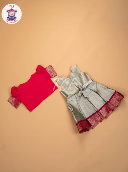 Pink & Light Grey - Kids Readymade Frocks