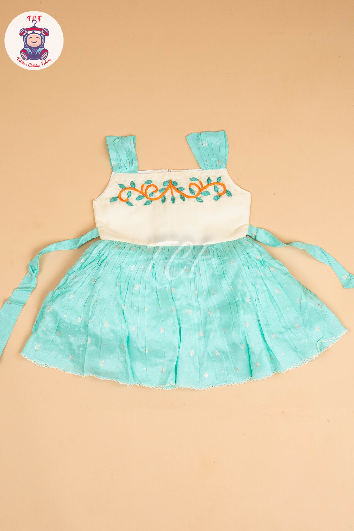 Cream & Pista Green - Kids Readymade Frocks