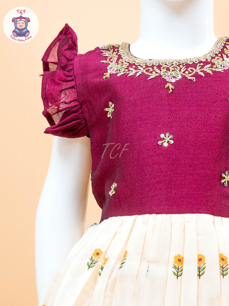 Maroon & Cream - Kids Readymade Frocks