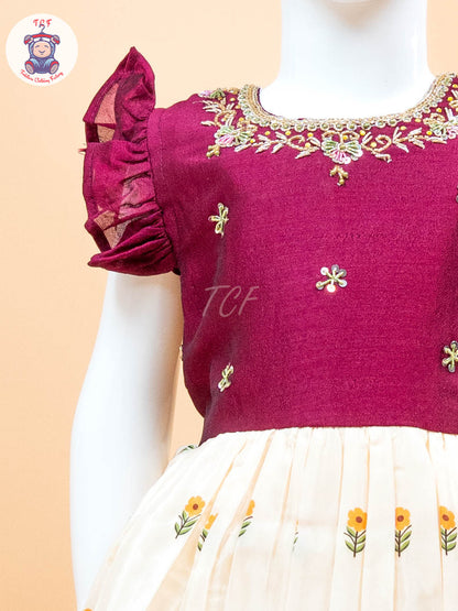 Maroon & Cream - Kids Readymade Frocks