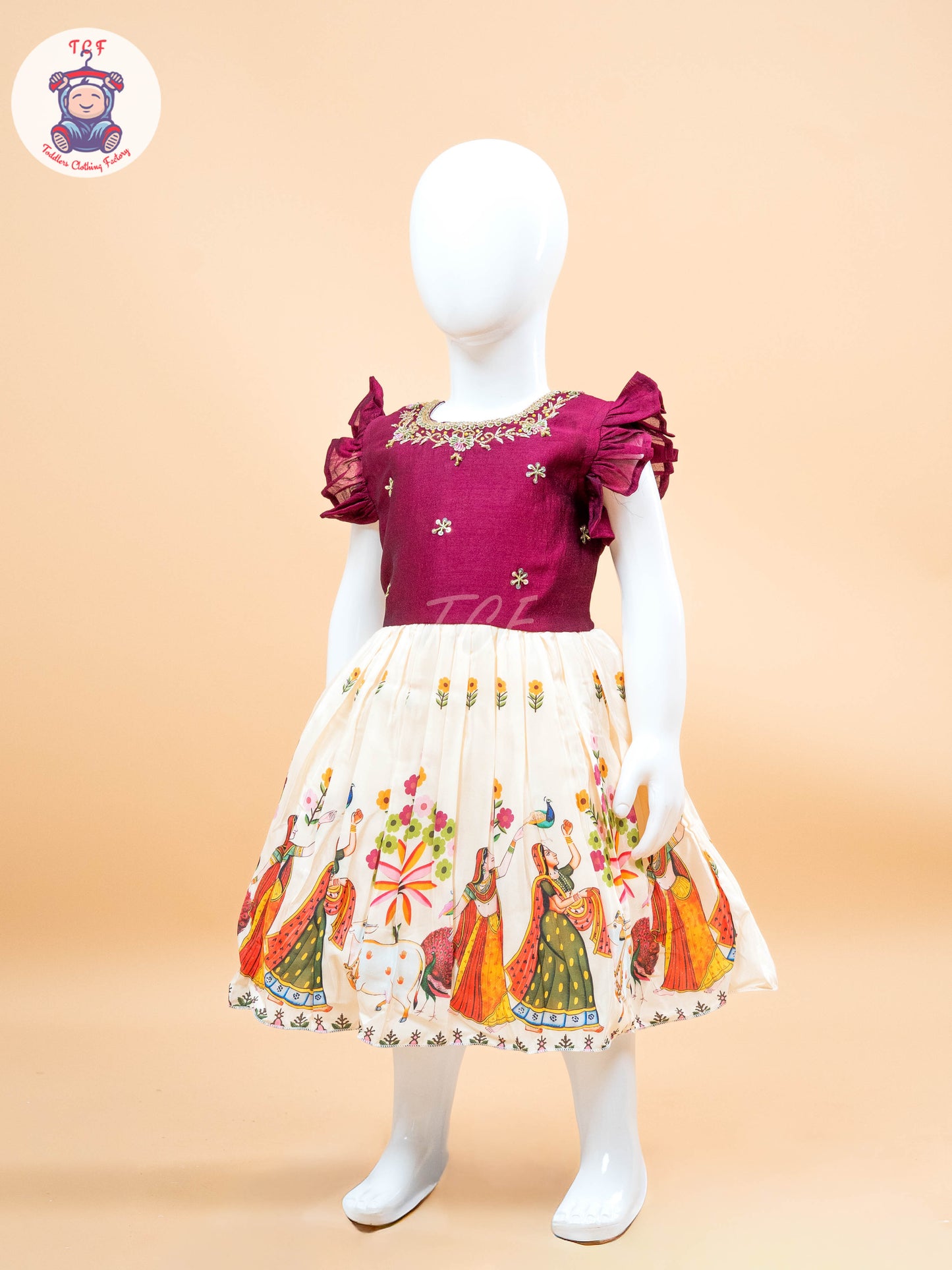 Maroon & Cream - Kids Readymade Frocks