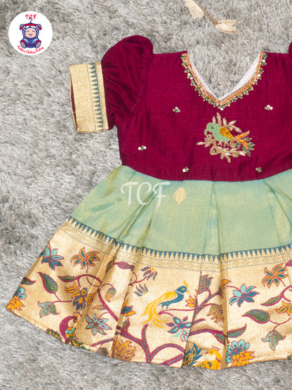 Wine & Mint Green – Girls Embroidered Semi Silk Frocks