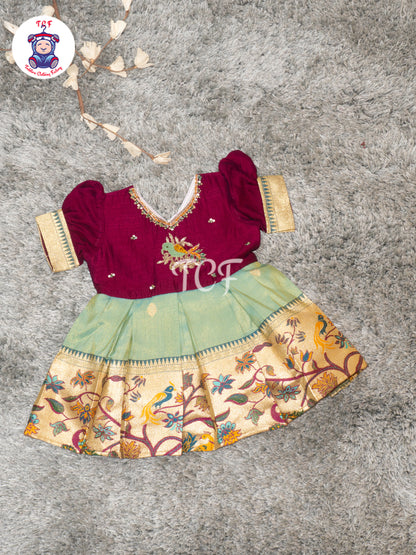 Wine & Mint Green – Girls Embroidered Semi Silk Frocks