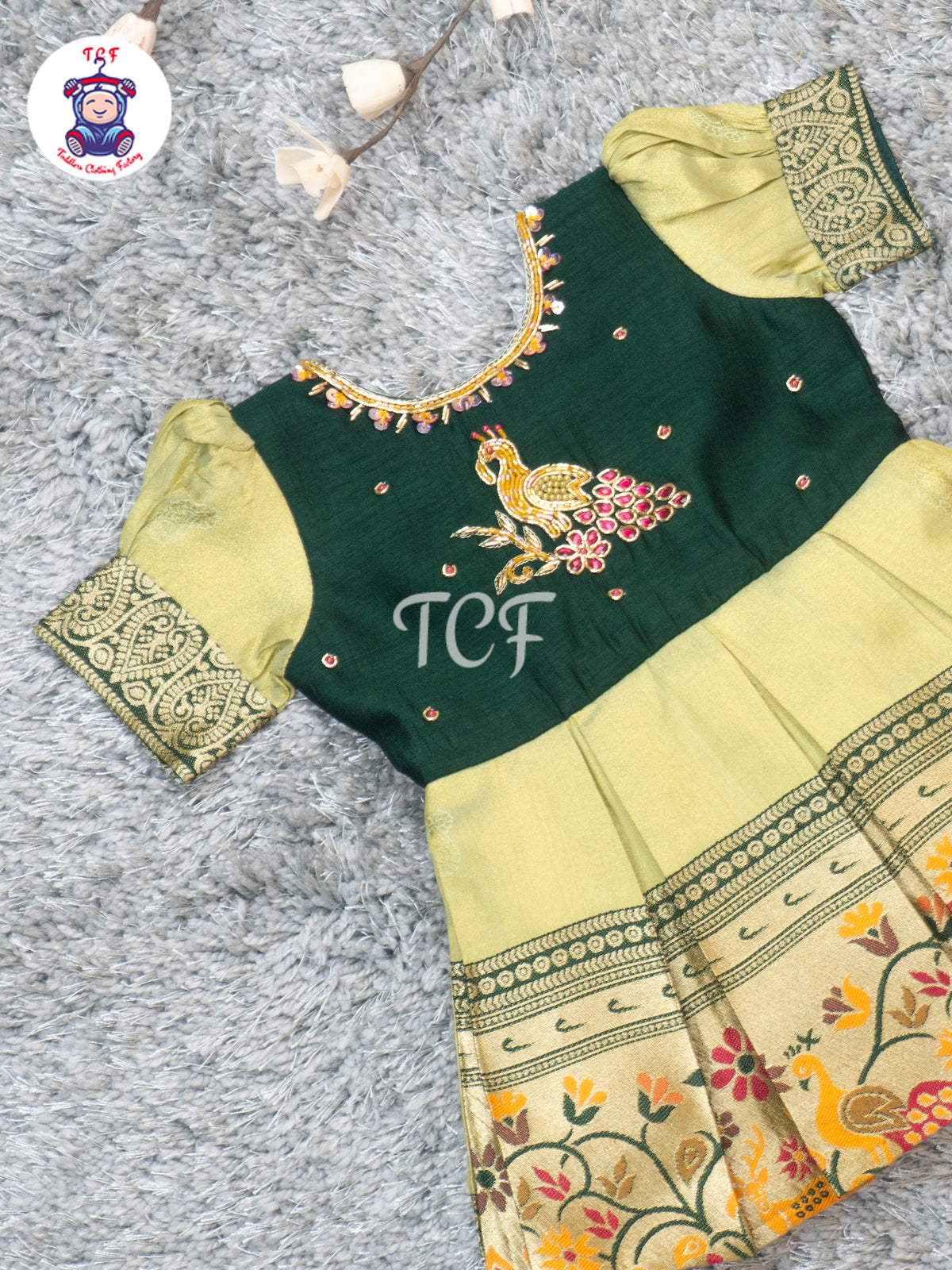 Bottle Green & Beige – Girls Embroidered Semi Silk Frocks