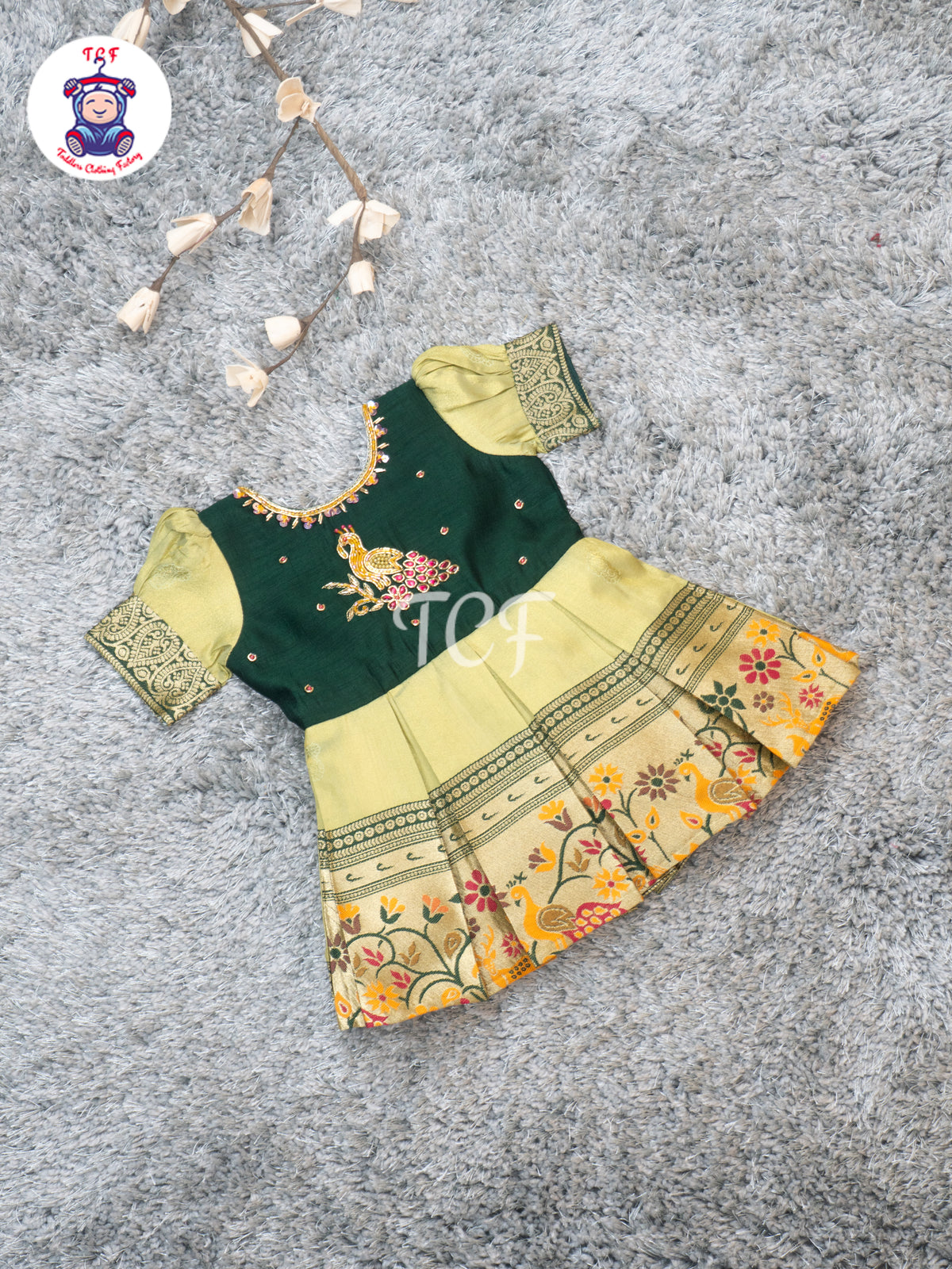 Bottle Green & Beige – Girls Embroidered Semi Silk Frocks