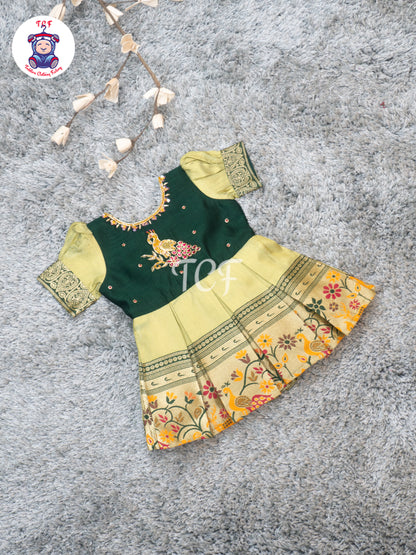 Bottle Green & Beige – Girls Embroidered Semi Silk Frocks