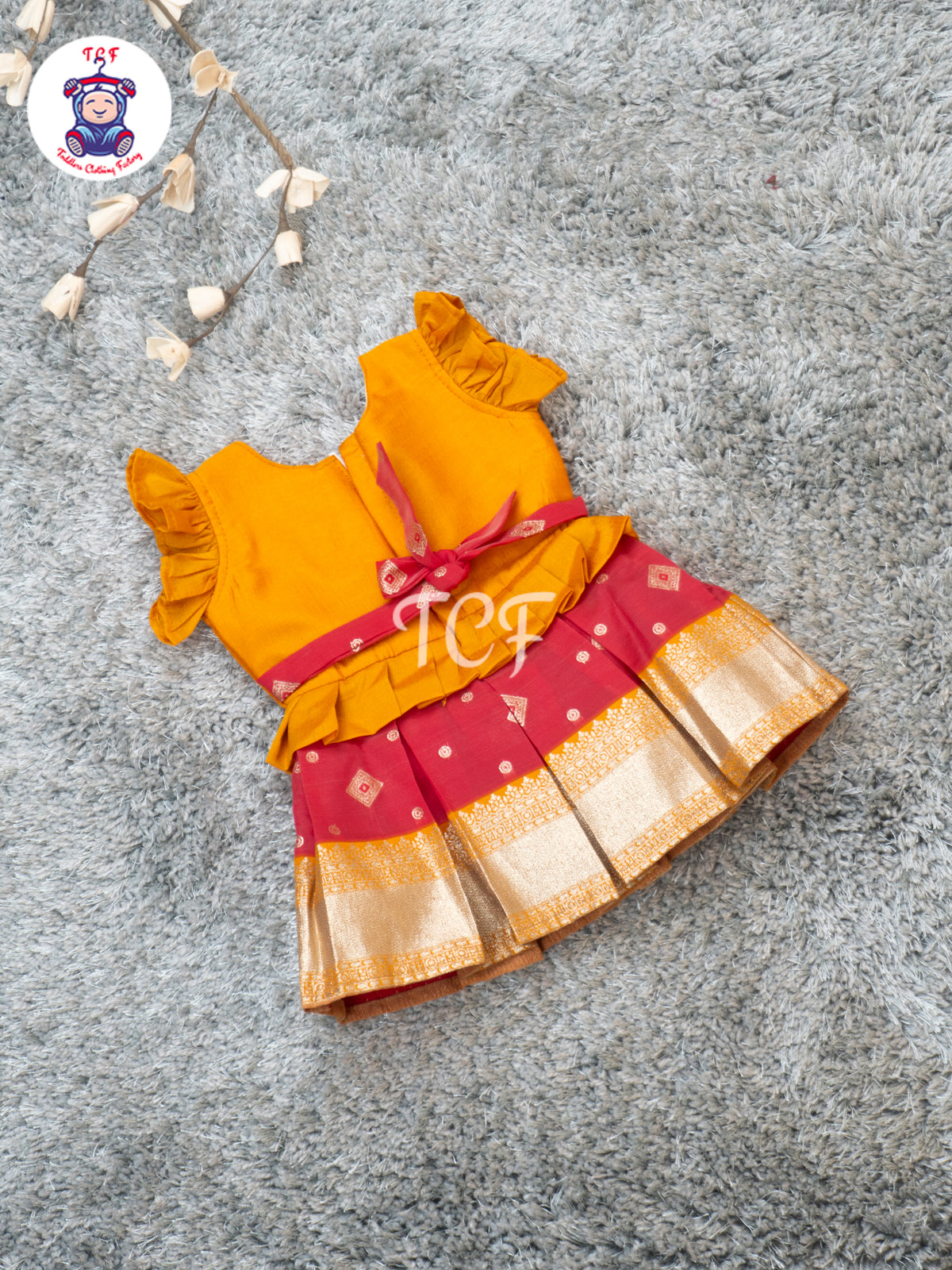 Mustard Yellow & Pink - Girls Traditional Embroidered Frocks