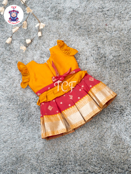 Mustard Yellow & Pink - Girls Traditional Embroidered Frocks