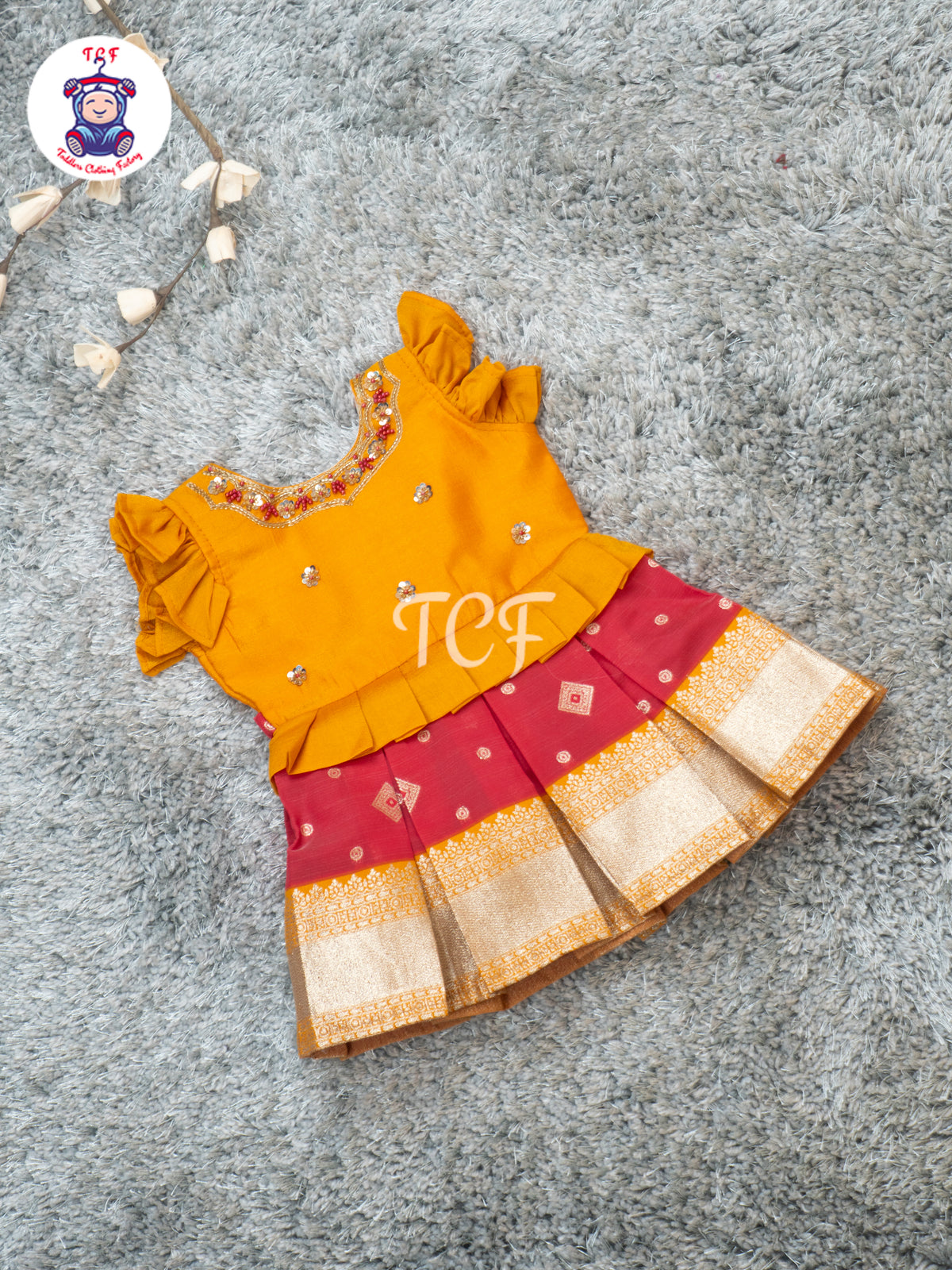 Mustard Yellow & Pink - Girls Traditional Embroidered Frocks