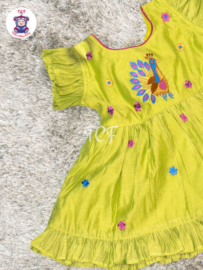 Pista Green - Girls Peacock Embroidered Frocks