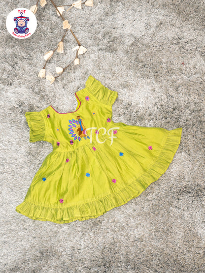 Pista Green - Girls Peacock Embroidered Frocks