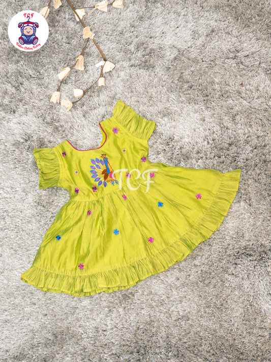 Pista Green - Girls Peacock Embroidered Frocks