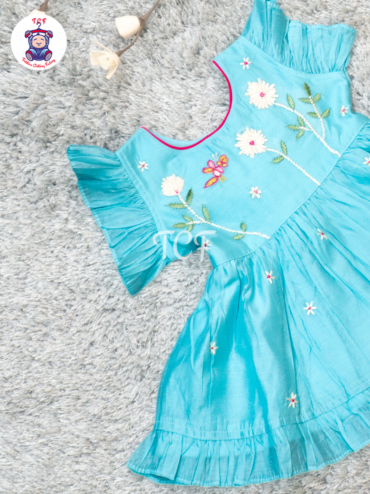 Sky Blue - Girls Floral Embroidered Cotton Frocks