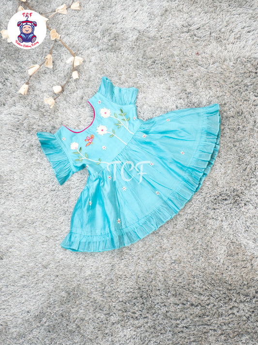 Sky Blue - Girls Floral Embroidered Cotton Frocks