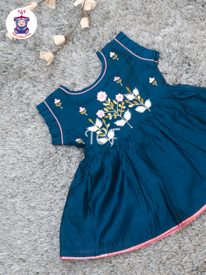 Navy Blue - Girls Floral Embroidered Cotton Frocks