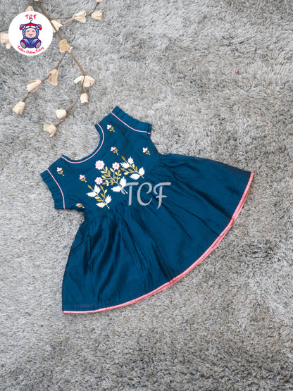 Navy Blue - Girls Floral Embroidered Cotton Frocks