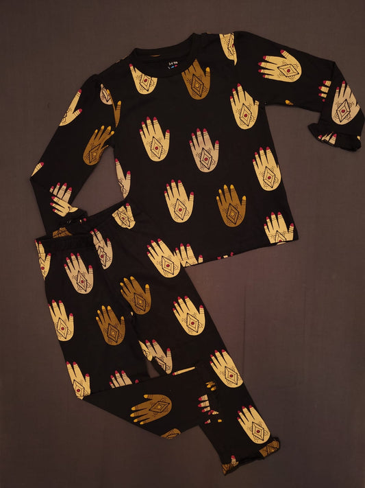 Black - Girls Hand Printed Night Wear