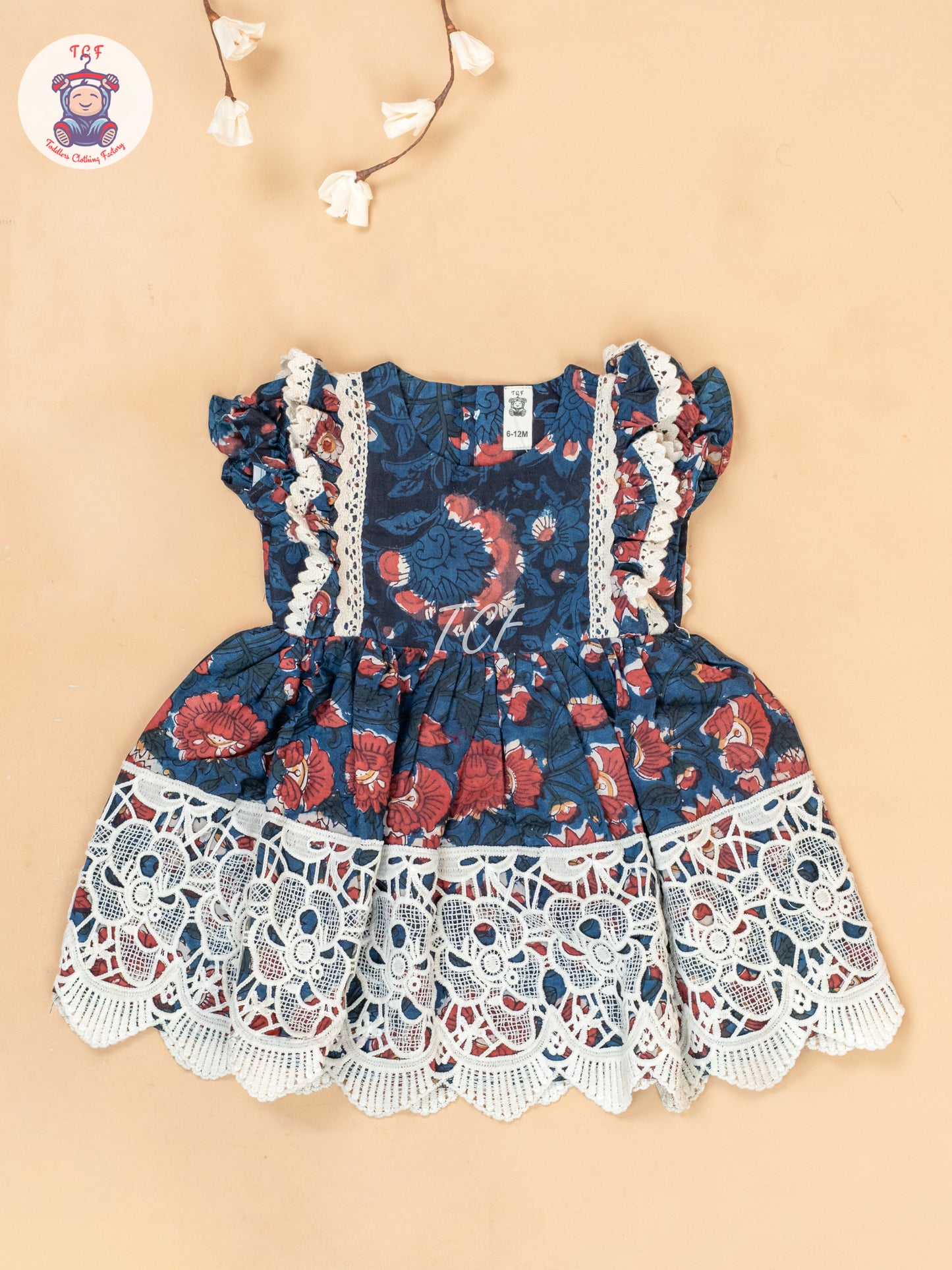 Navy Blue & Off White - Girls Cotton Embroidered Frocks