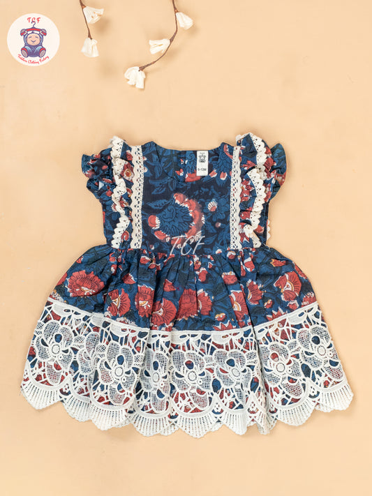 Navy Blue & Off White - Girls Cotton Embroidered Frocks