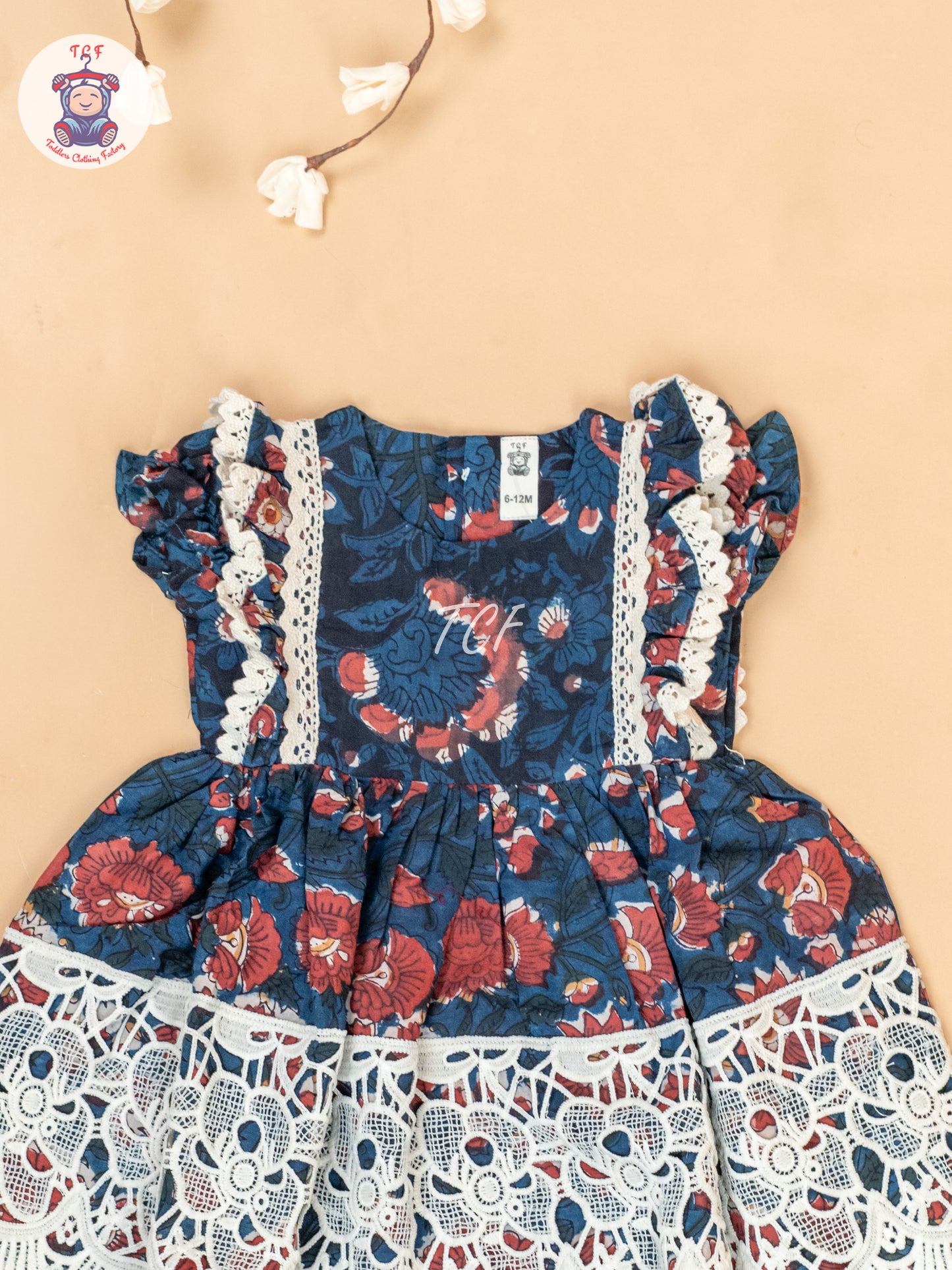 Navy Blue & Off White - Girls Cotton Embroidered Frocks
