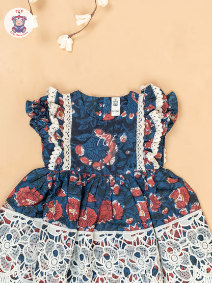 Navy Blue & Off White - Girls Cotton Embroidered Frocks