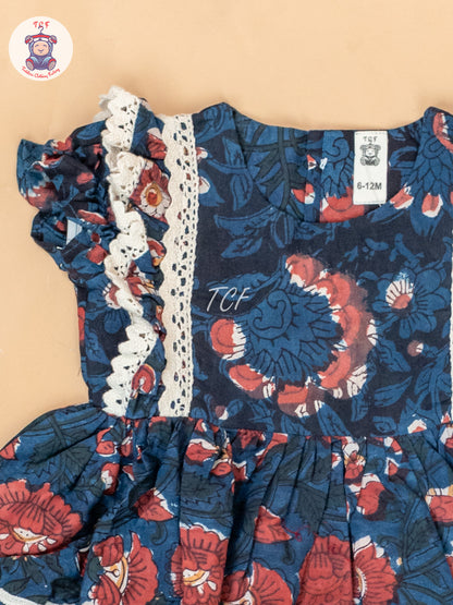 Navy Blue & Off White - Girls Cotton Embroidered Frocks