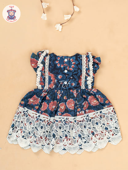 Navy Blue & Off White - Girls Cotton Embroidered Frocks