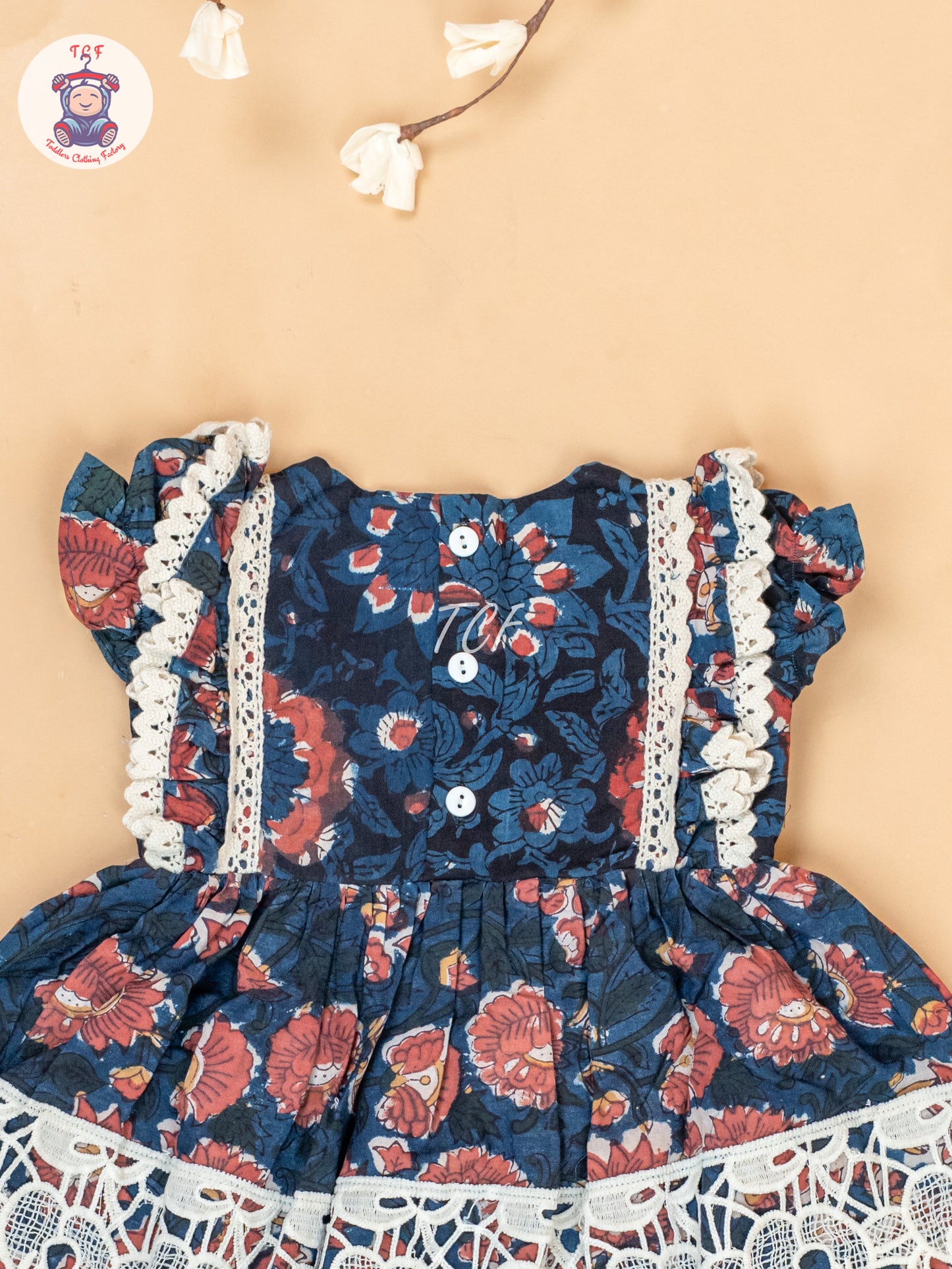 Navy Blue & Off White - Girls Cotton Embroidered Frocks