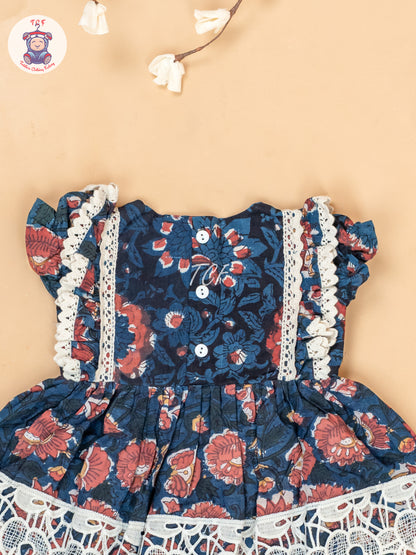 Navy Blue & Off White - Girls Cotton Embroidered Frocks