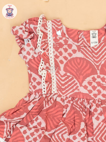 Dark Peach -  Girls Cotton Embroidered Frocks
