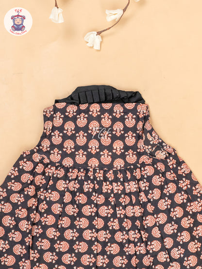 Black & Maroon - Girls Floral Printed Cotton Frock