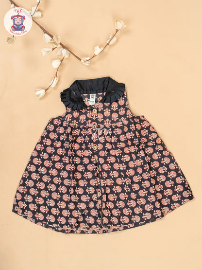 Black & Maroon - Girls Floral Printed Cotton Frock