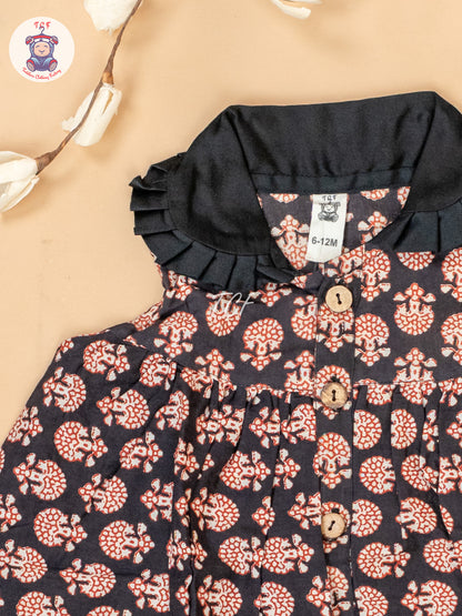 Black & Maroon - Girls Floral Printed Cotton Frock