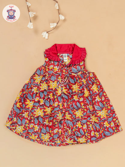 Maroon & Yellow - Girls Floral Printed Cotton Frock