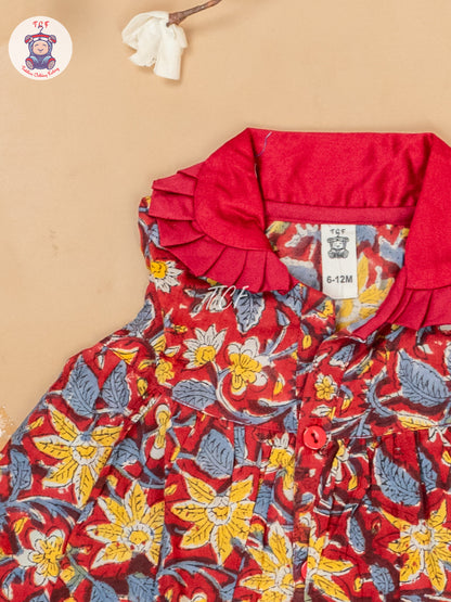 Maroon & Yellow - Girls Floral Printed Cotton Frock