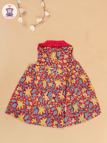 Maroon & Yellow - Girls Floral Printed Cotton Frock