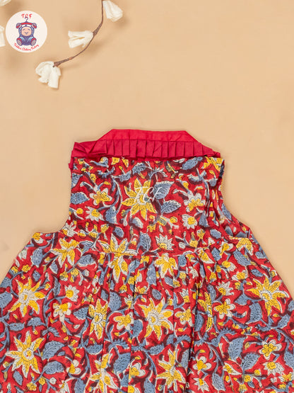 Maroon & Yellow - Girls Floral Printed Cotton Frock