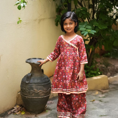 Rusty Brown - Floral Printed V-Neck Kurti Set