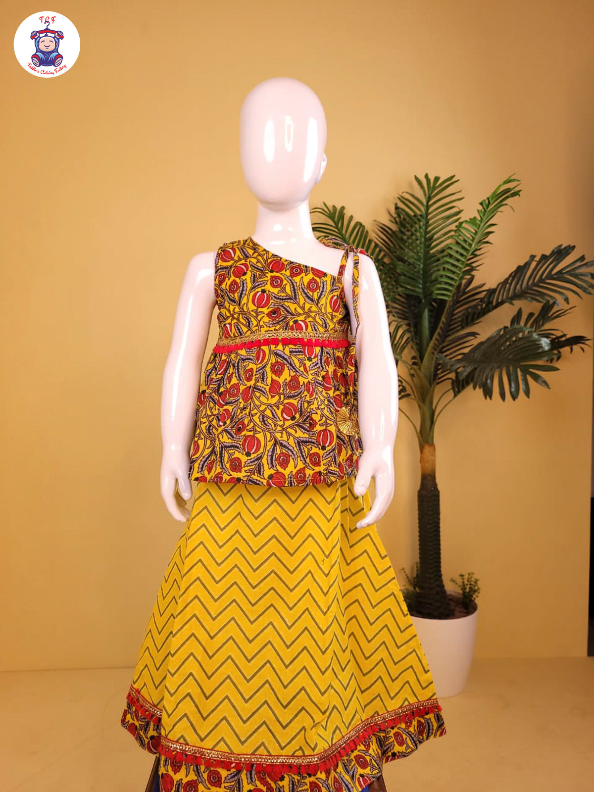 Yellow & Red - Printed One Shoulder Lehenga Choli