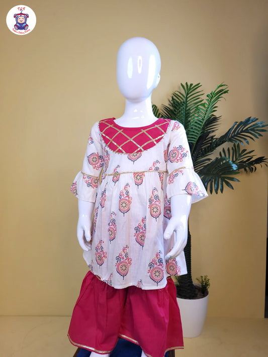 Ruby & White - Printed A-Line Kurti Set