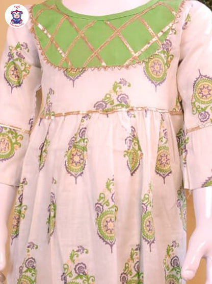 Lawn Green & White - Printed A-Line Kurti Set