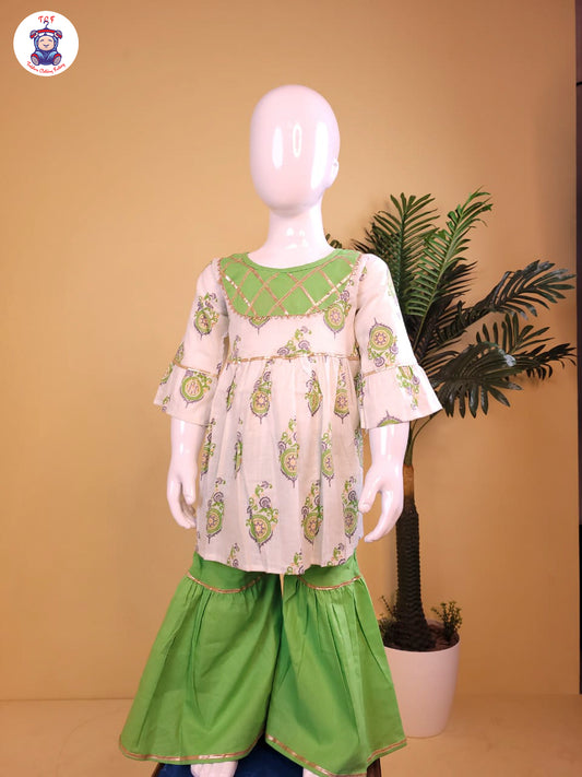 Lawn Green & White - Printed A-Line Kurti Set