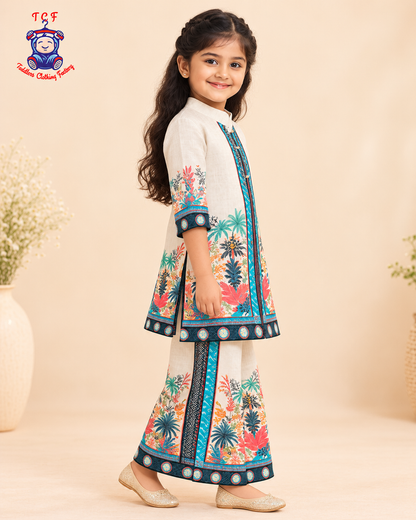 Azure Bloom Printed Kurta Palazzo Set for Girls
