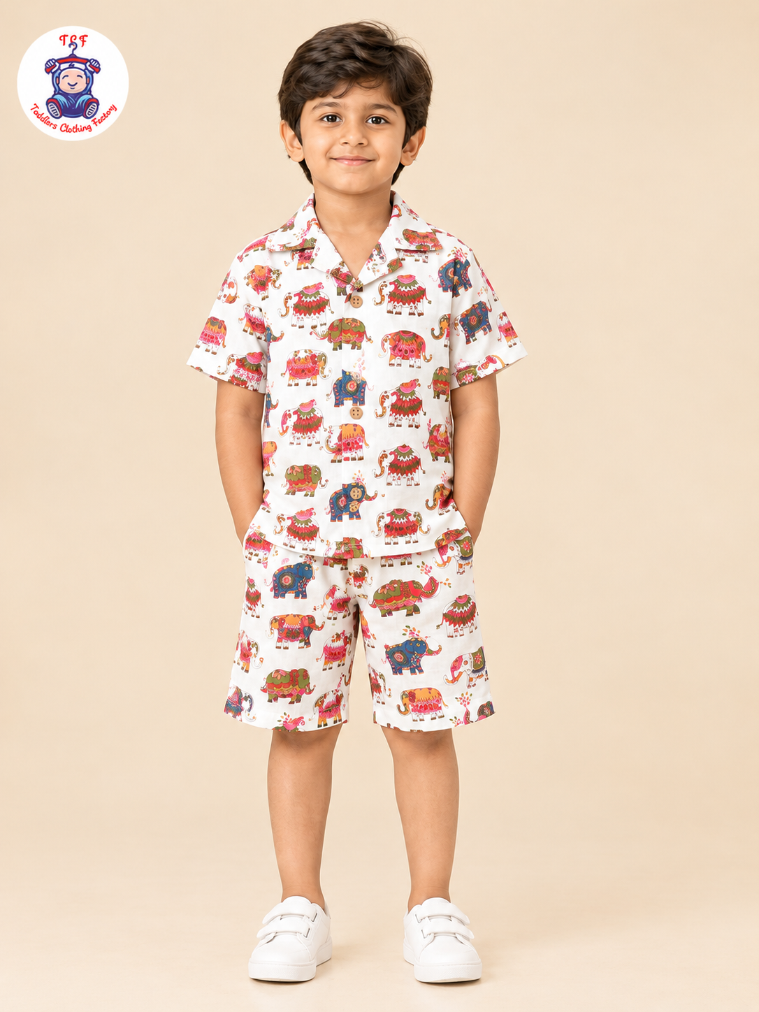 Red - Boys Elephant Printed Spread Collor Shirts & Shorts