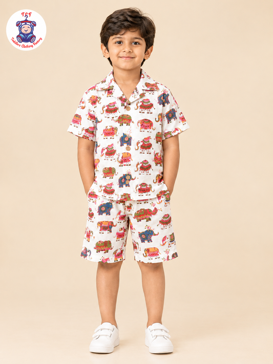 Red - Boys Elephant Printed Spread Collor Shirts & Shorts