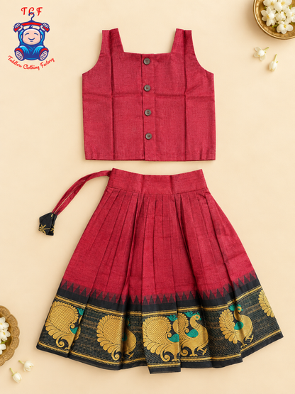 Maroon & Black Border With Gold Zari - Girls Chettinad Pavadai Sattai