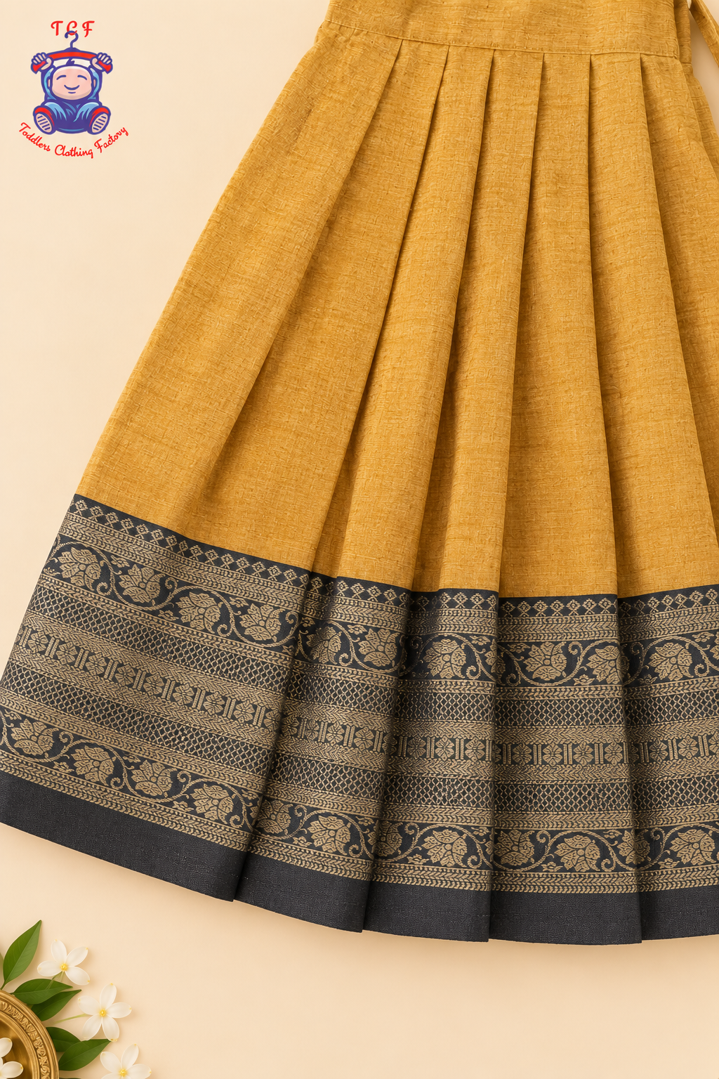 Mustard & Black Border With Gold Zari - Girls Chettinad Pavadai Sattai
