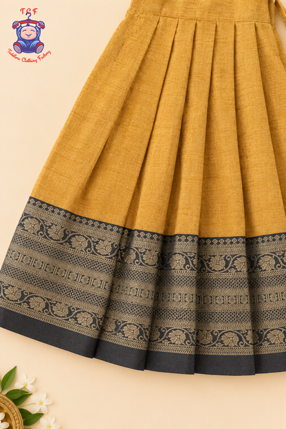 Mustard & Black Border With Gold Zari - Girls Chettinad Pavadai Sattai