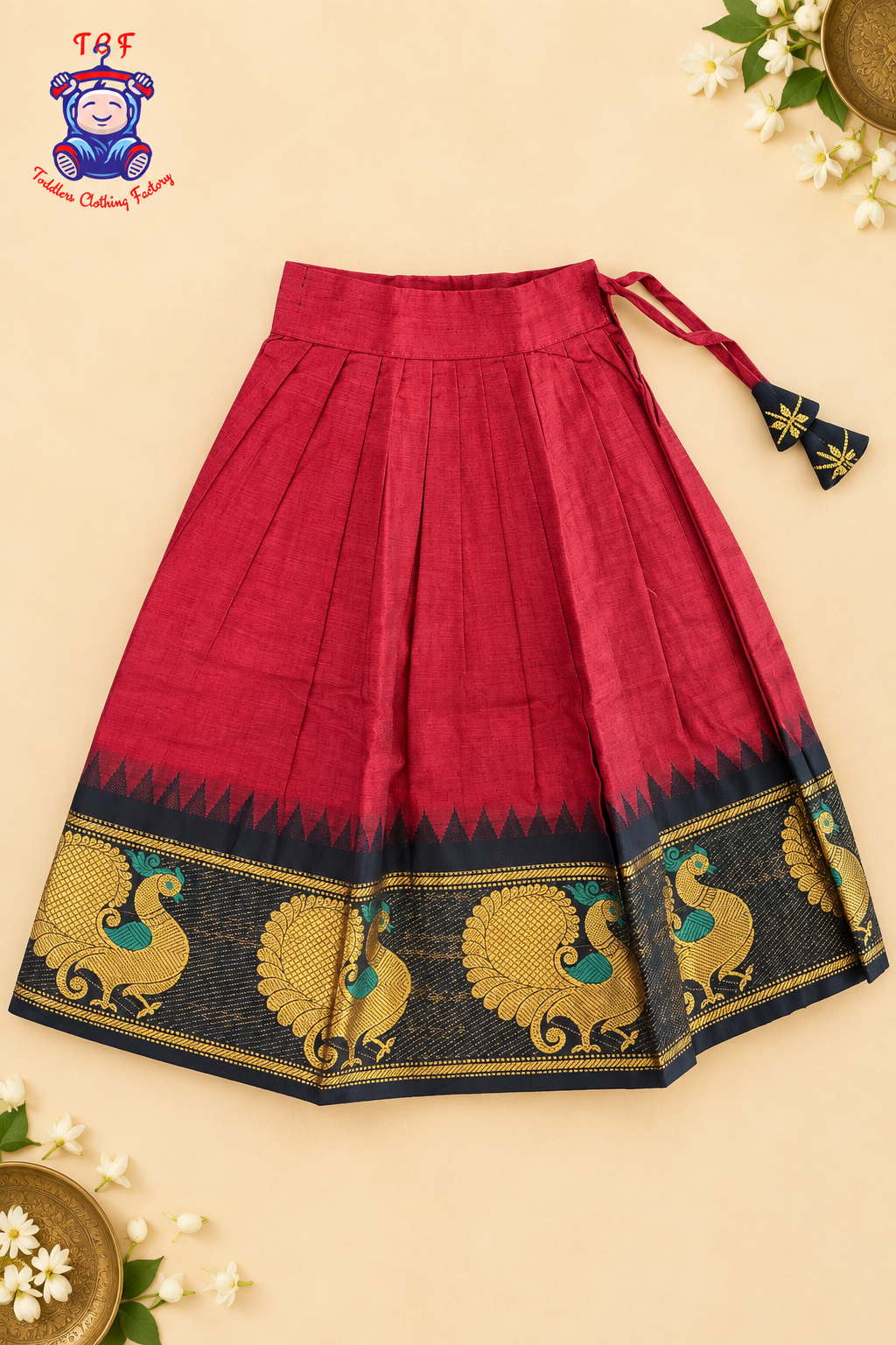 Maroon & Black Border With Gold Zari - Girls Chettinad Pavadai Sattai