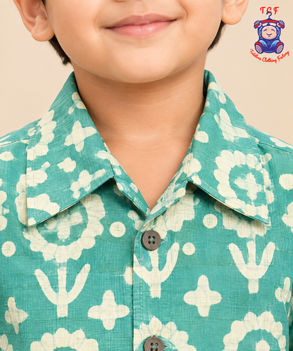Green & Beige - Boys Readymade Bhatik Shirts